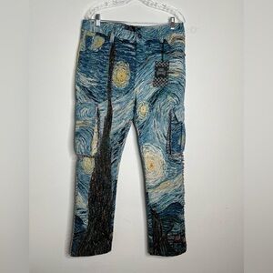 Rebel Vengeance Pants Mens Starry Night Art Tapestry Cargo Frayed Skull Size 32